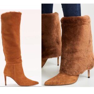 Alexandre Birman ~Cognac Suede Knee-High Shearling Trimmed Convertible Boots 37